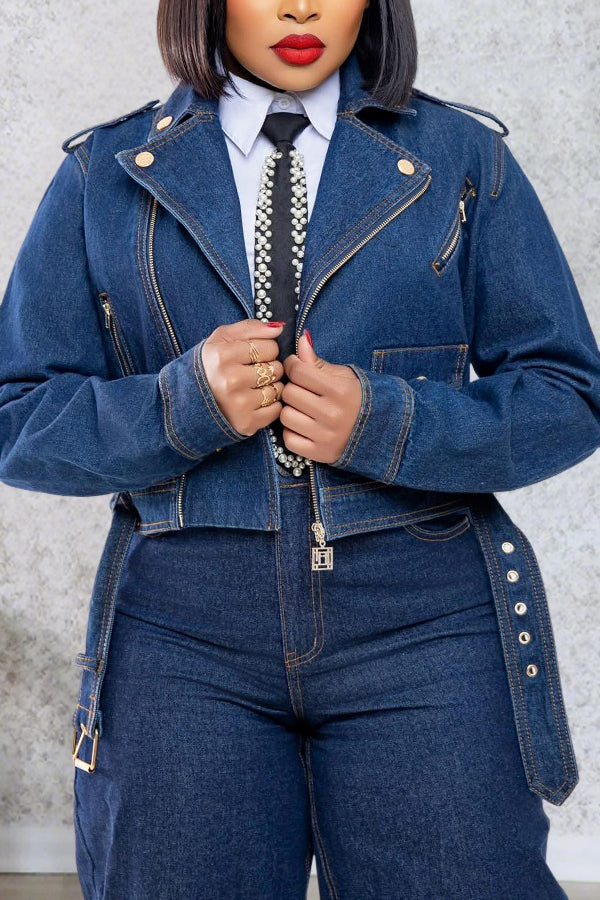 Fashion Lapel Zippered Cropped Denim Jacket