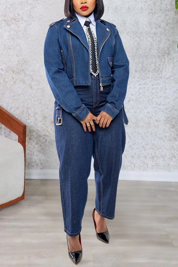 Fashion Lapel Zippered Cropped Denim Jacket