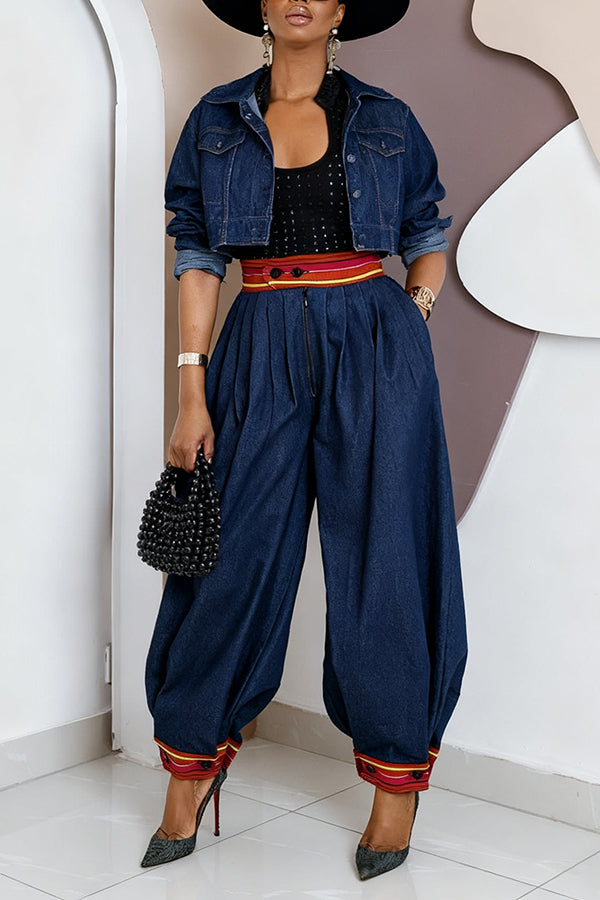 Fashion Striped Trim Pleated Wide-Leg Jeans