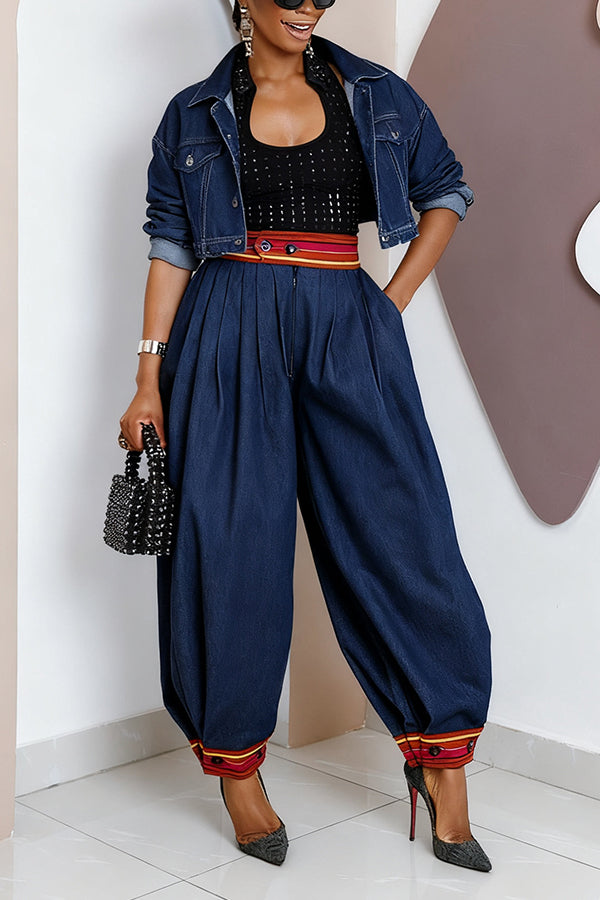 Fashion Striped Trim Pleated Wide-Leg Jeans