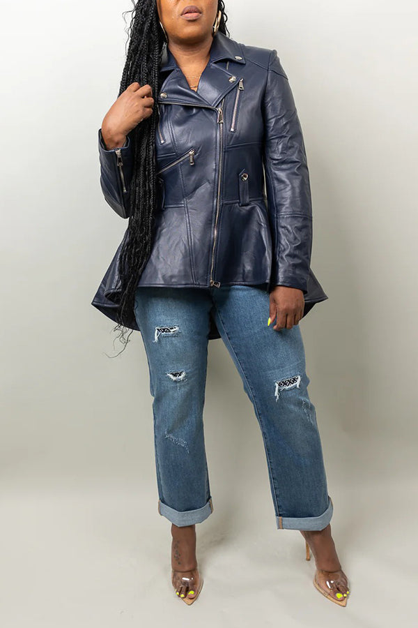 Stylish High-Low Leather Peplum Jacket