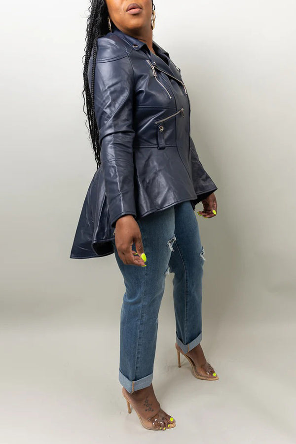 Stylish High-Low Leather Peplum Jacket