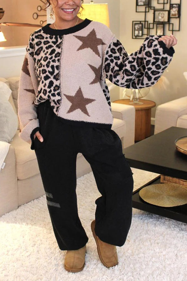 Casual Colorblock Leopard Star Sweater