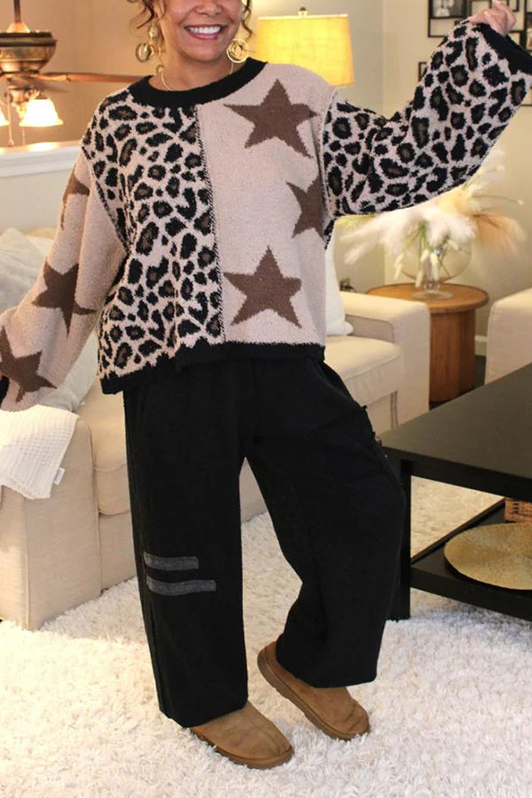 Casual Colorblock Leopard Star Sweater