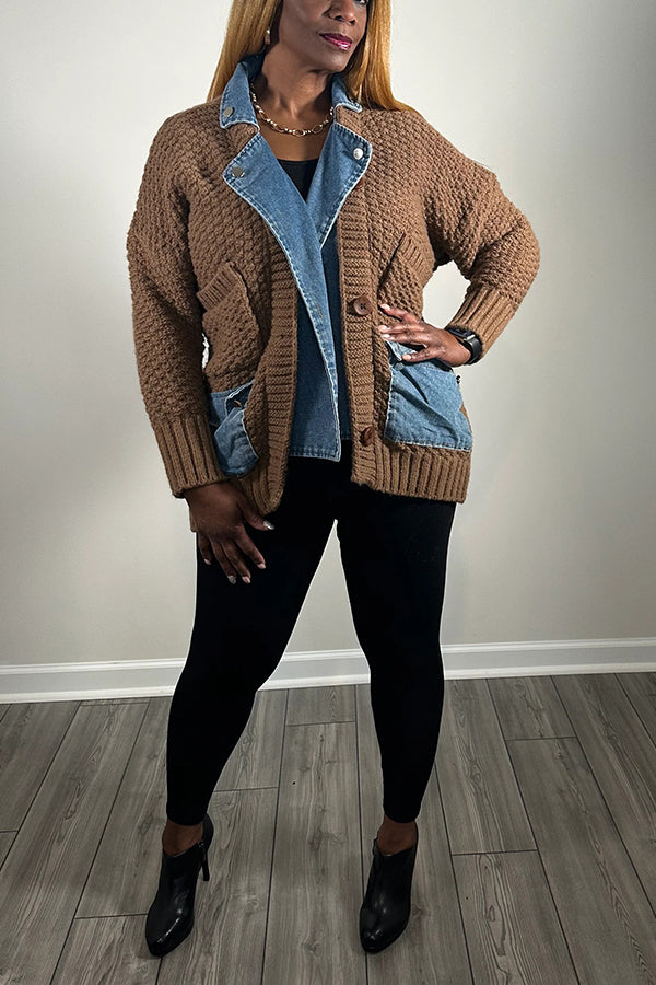 Stylish Denim Patchwork Cardigan Sweater