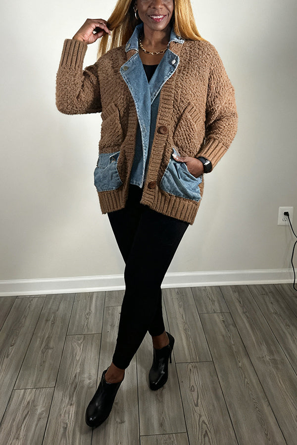 Stylish Denim Patchwork Cardigan Sweater