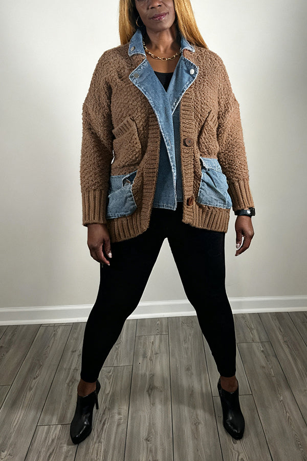 Stylish Denim Patchwork Cardigan Sweater