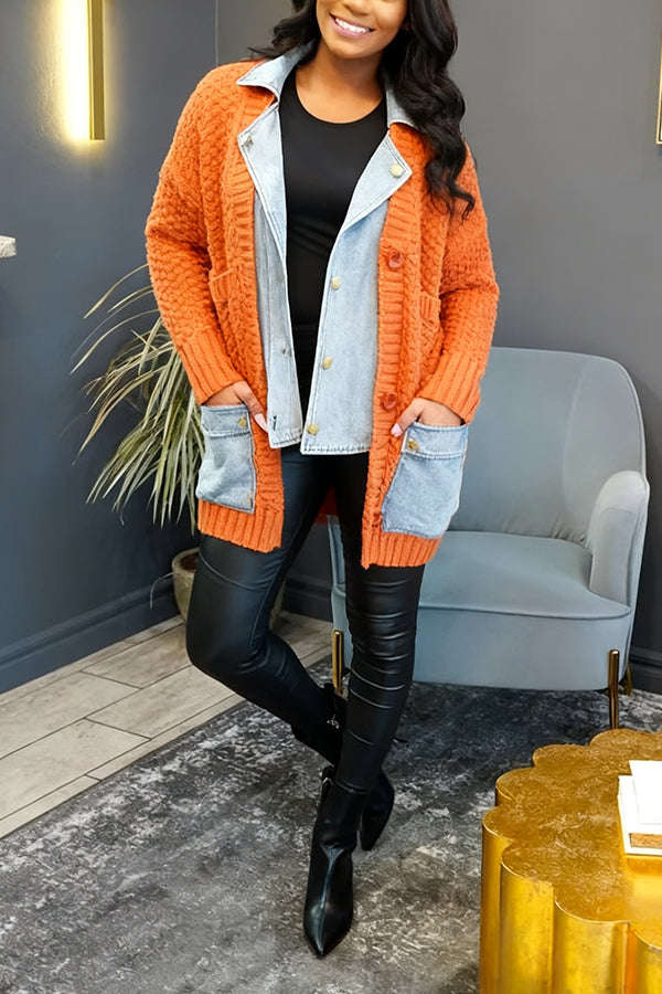 Stylish Denim Patchwork Cardigan Sweater