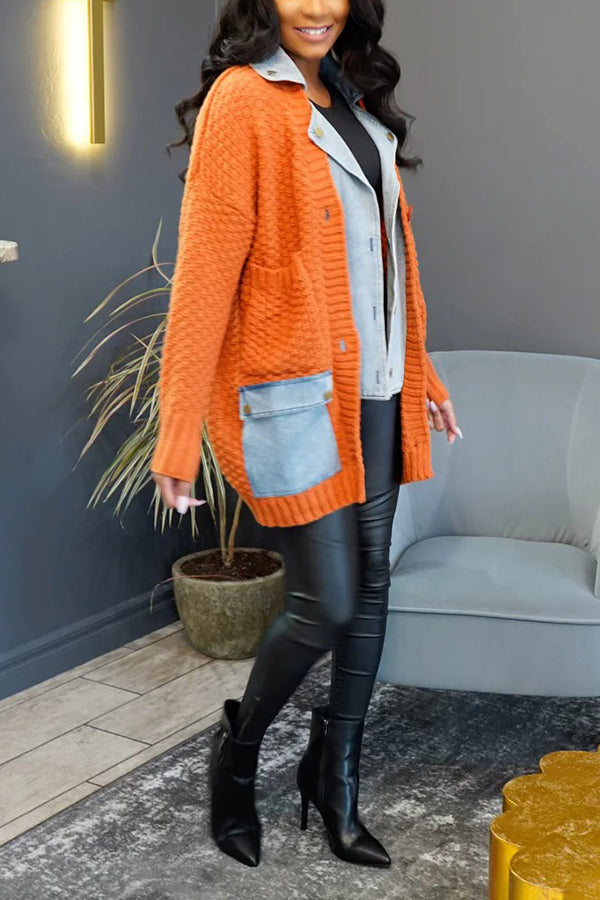 Stylish Denim Patchwork Cardigan Sweater