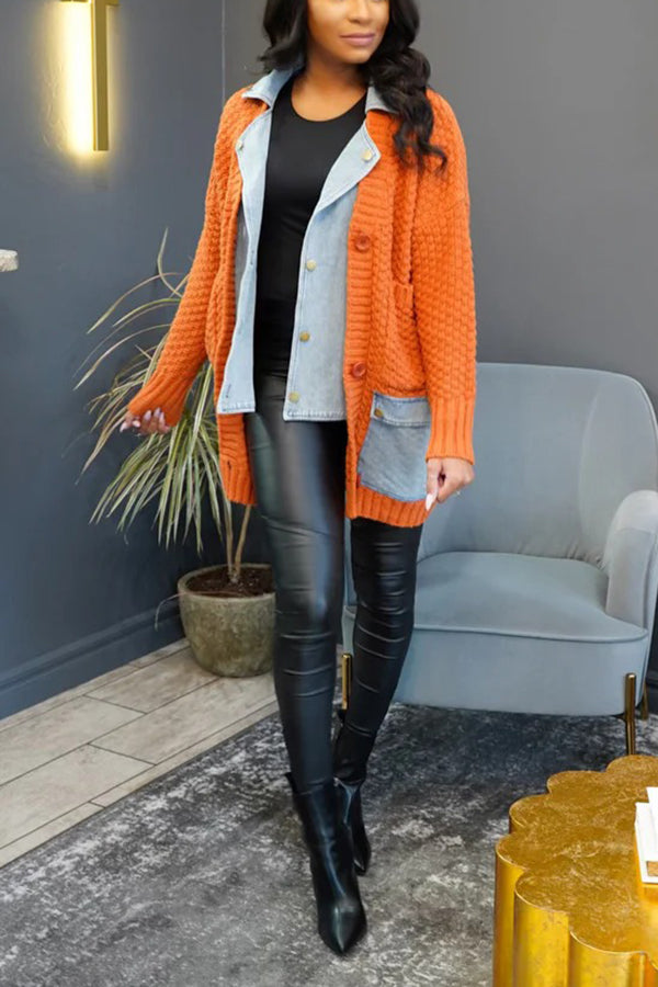 Stylish Denim Patchwork Cardigan Sweater