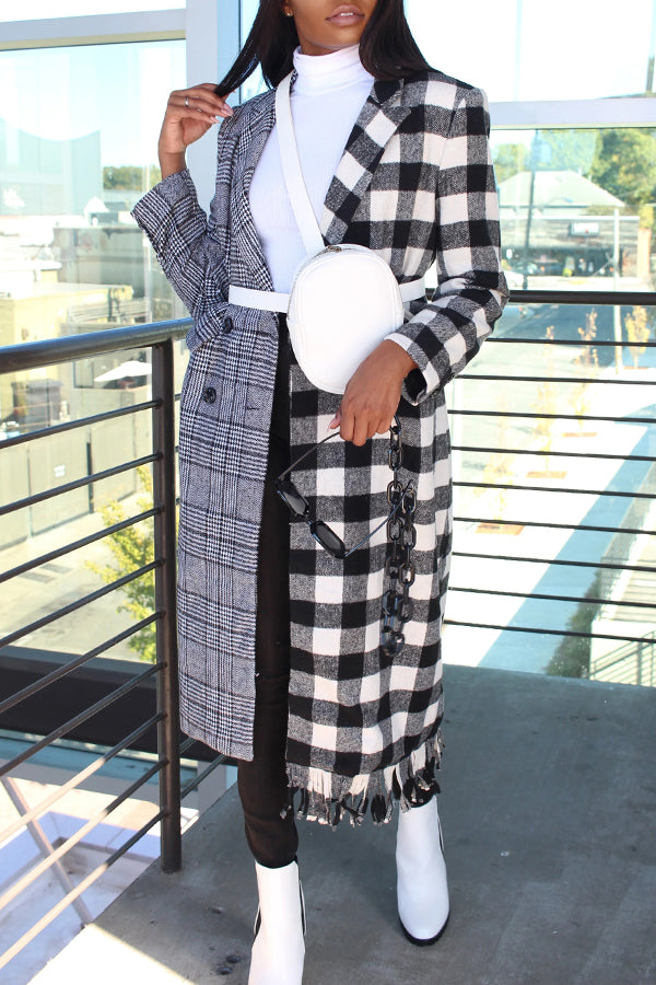 Relaxed Half And Half Contrast Plaid Fringe Overcoat