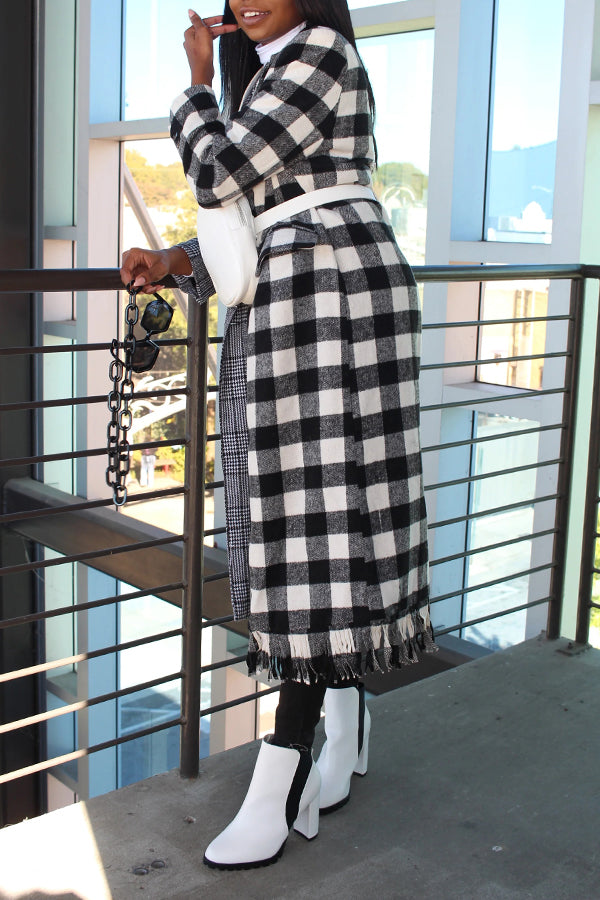 Relaxed Half And Half Contrast Plaid Fringe Overcoat