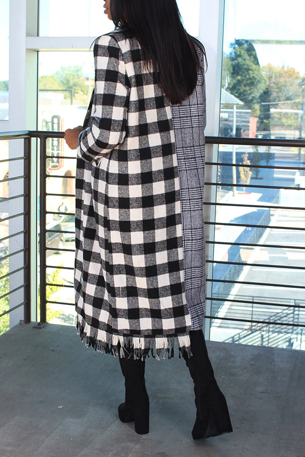 Relaxed Half And Half Contrast Plaid Fringe Overcoat