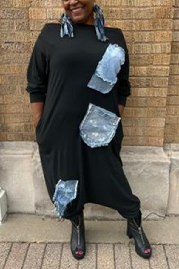 Street Style Raw Edge Denim Patchwork Harem Jumpsuit