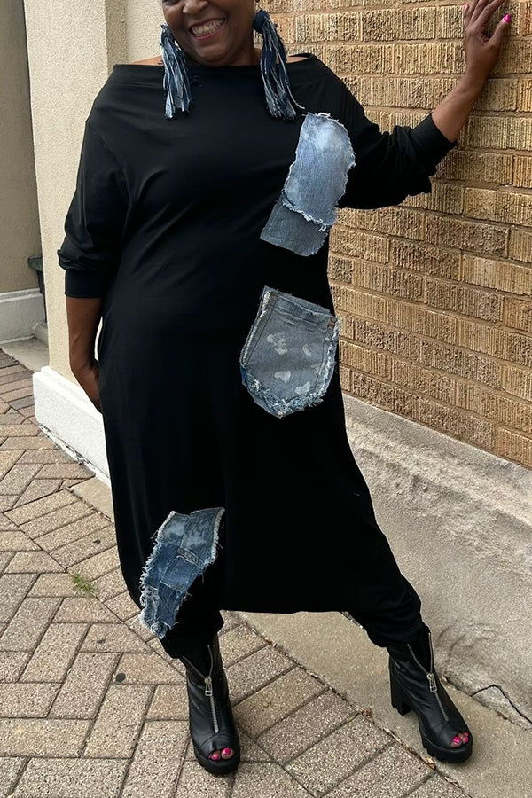 Street Style Raw Edge Denim Patchwork Harem Jumpsuit