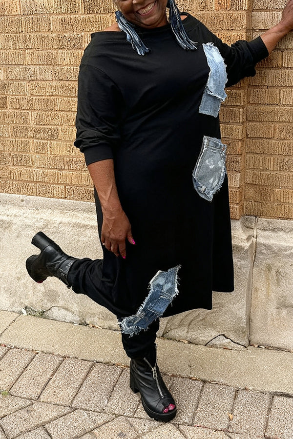 Street Style Raw Edge Denim Patchwork Harem Jumpsuit