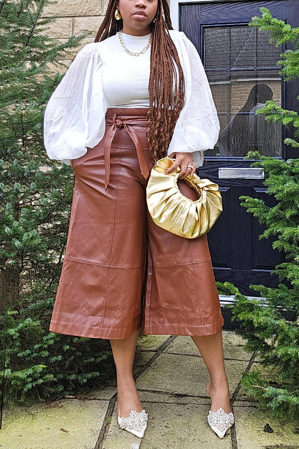 Stylish Vegan Leather Wide Leg Cropped Culotte Pants