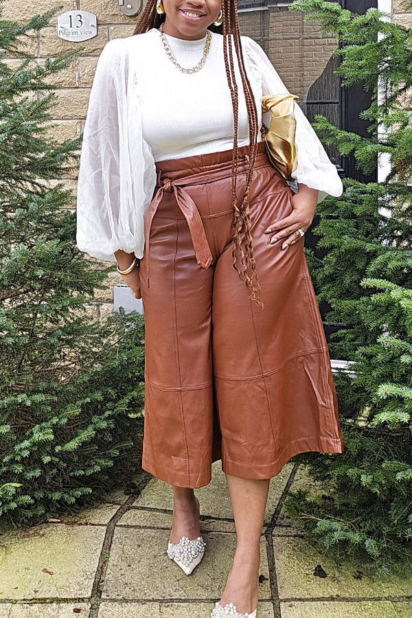 Stylish Vegan Leather Wide Leg Cropped Culotte Pants