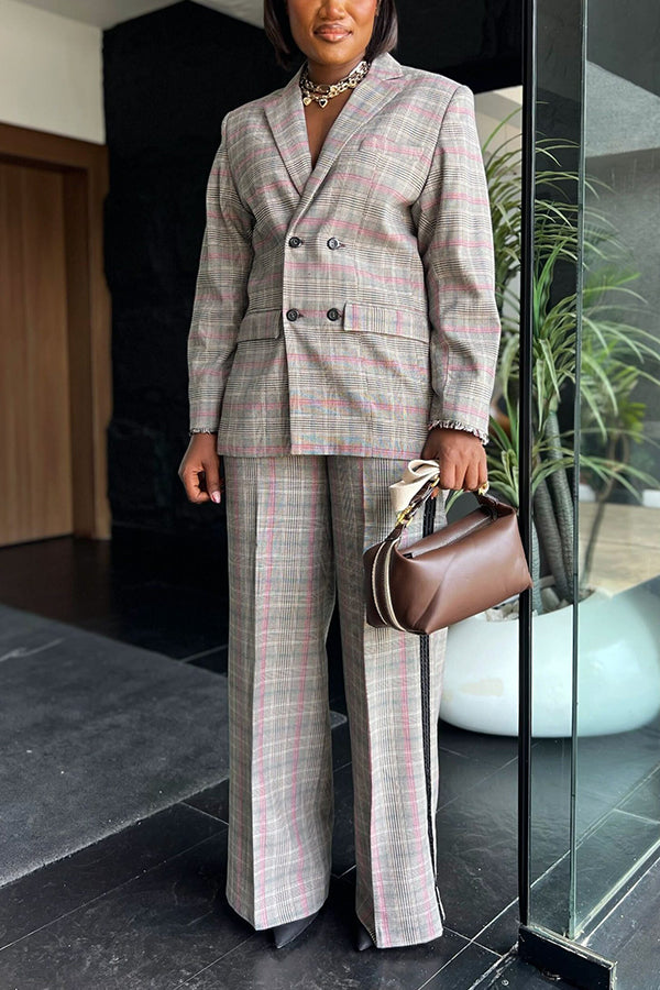 Stylish Double Breasted Check Blazer & Straight Pants Set