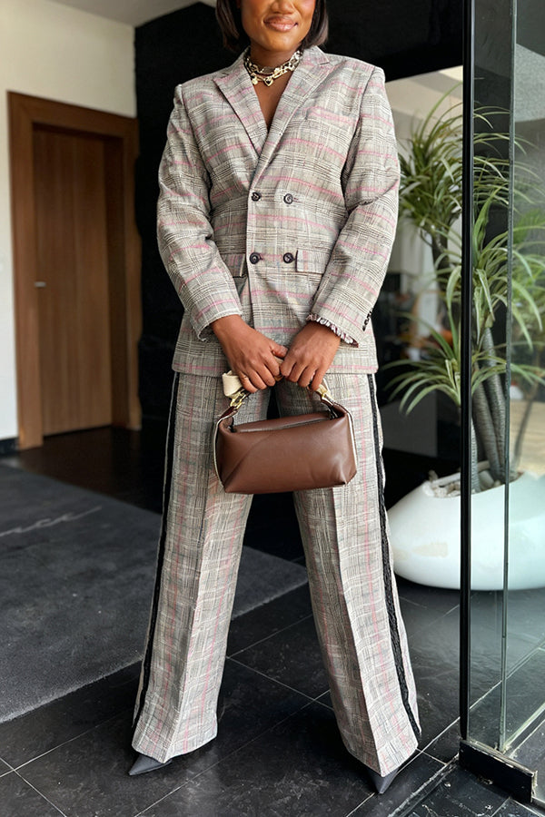 Stylish Double Breasted Check Blazer & Straight Pants Set
