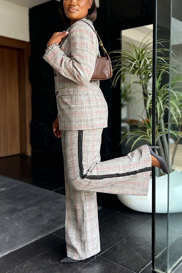 Stylish Double Breasted Check Blazer & Straight Pants Set