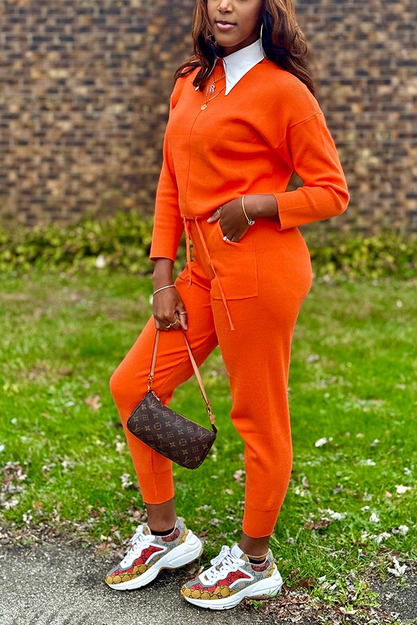 Chic Long Sleeve Top & Drawstring Pants Set