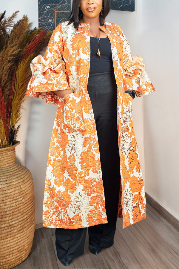 Elegant Ruffled Jacquard Midi Jacket