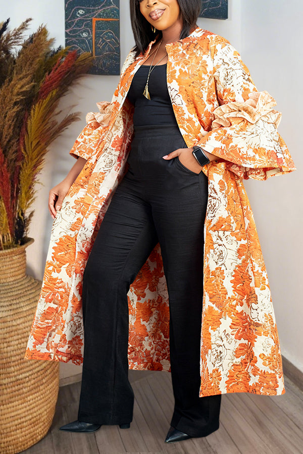 Elegant Ruffled Jacquard Midi Jacket