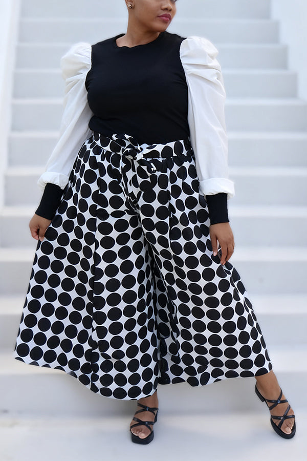 Stylish Colorblock Ribbed Top & Polka-Dot Wide-Leg Pants