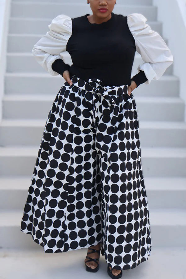 Stylish Colorblock Ribbed Top & Polka-Dot Wide-Leg Pants