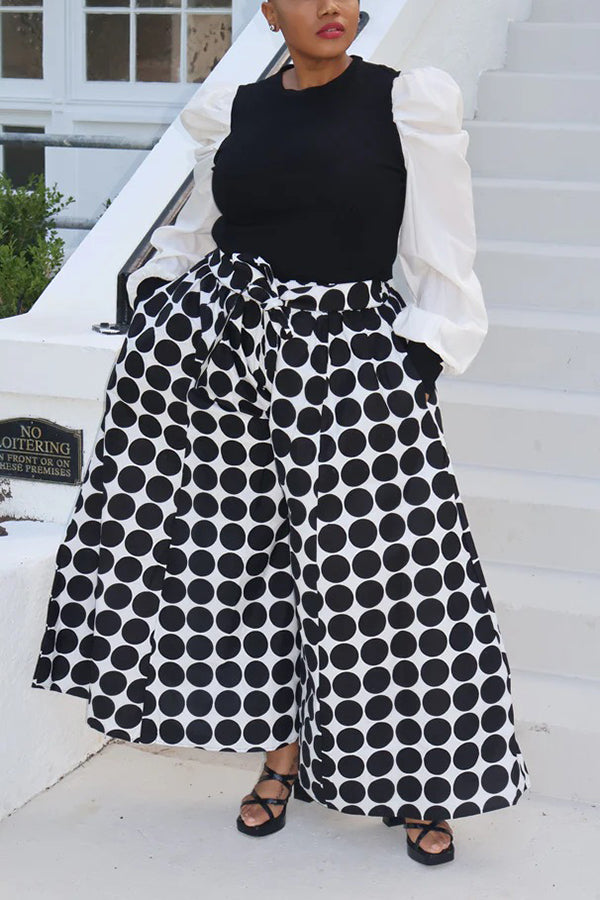 Stylish Colorblock Ribbed Top & Polka-Dot Wide-Leg Pants