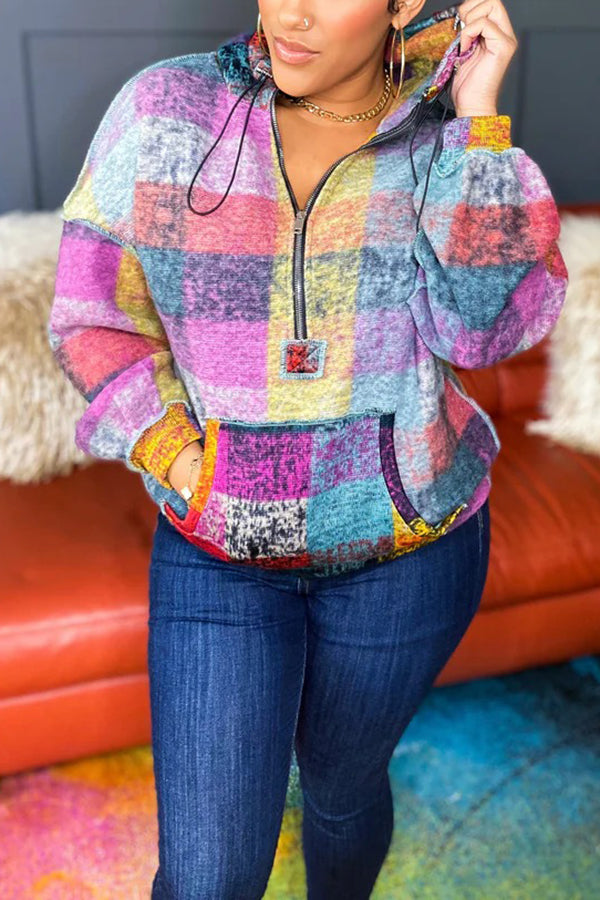 Fashion Plaid Drop Shoulder Hoodie