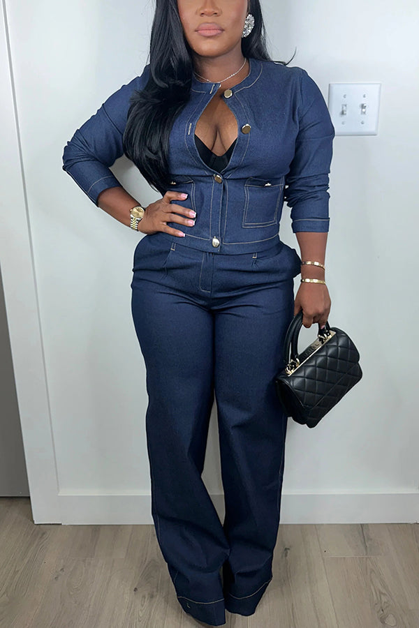 Chic Button Up Denim Top & Jeans Set