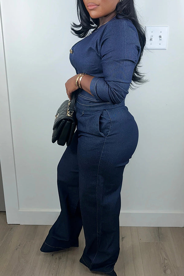 Chic Button Up Denim Top & Jeans Set