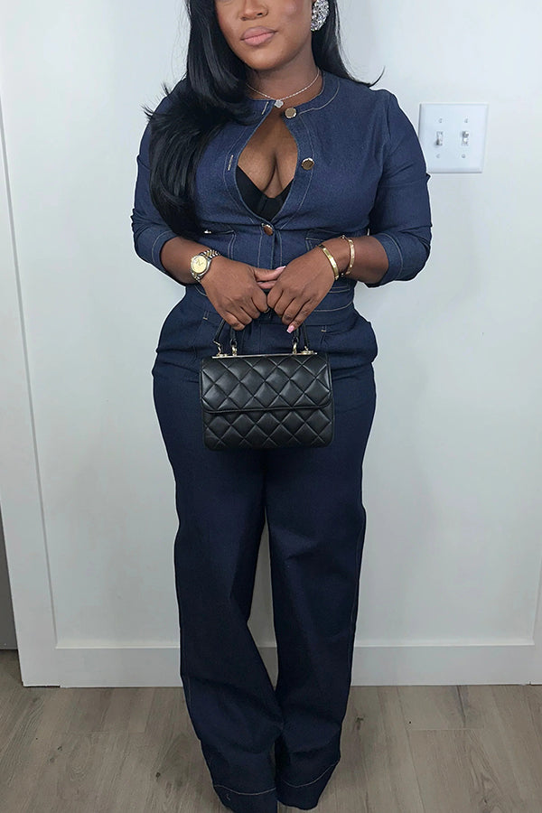 Chic Button Up Denim Top & Jeans Set