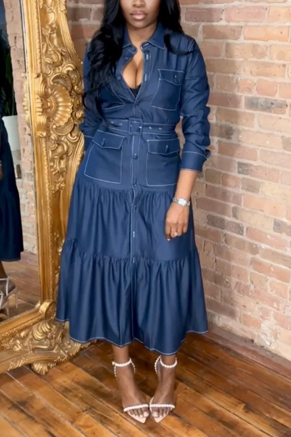 Chic Belted Denim Tiered Dress
