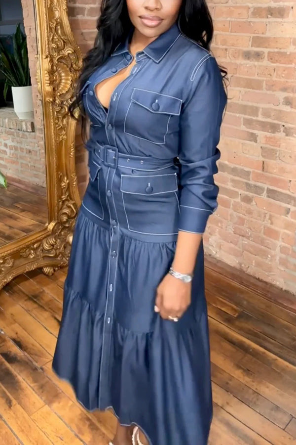 Chic Belted Denim Tiered Dress