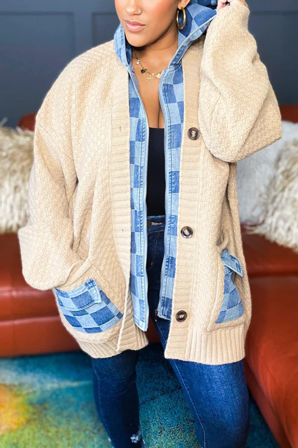Stylish Denim Patchwork Hooded Sweater Cardigan
