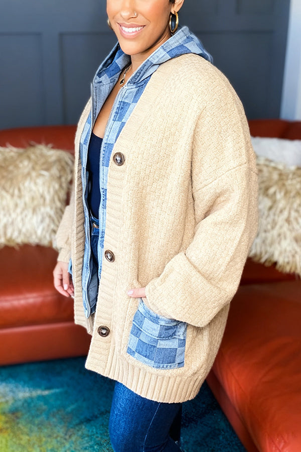 Stylish Denim Patchwork Hooded Sweater Cardigan