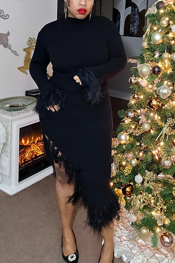 Cozy Feather Patchwork Sweater & Knitted Slit Skirt Set