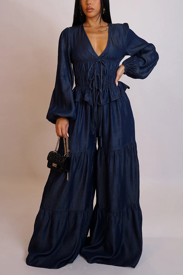Stylish Faux Denim Tied Ruffled Wide Leg Jumpsuit