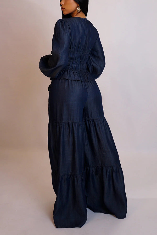Stylish Faux Denim Tied Ruffled Wide Leg Jumpsuit