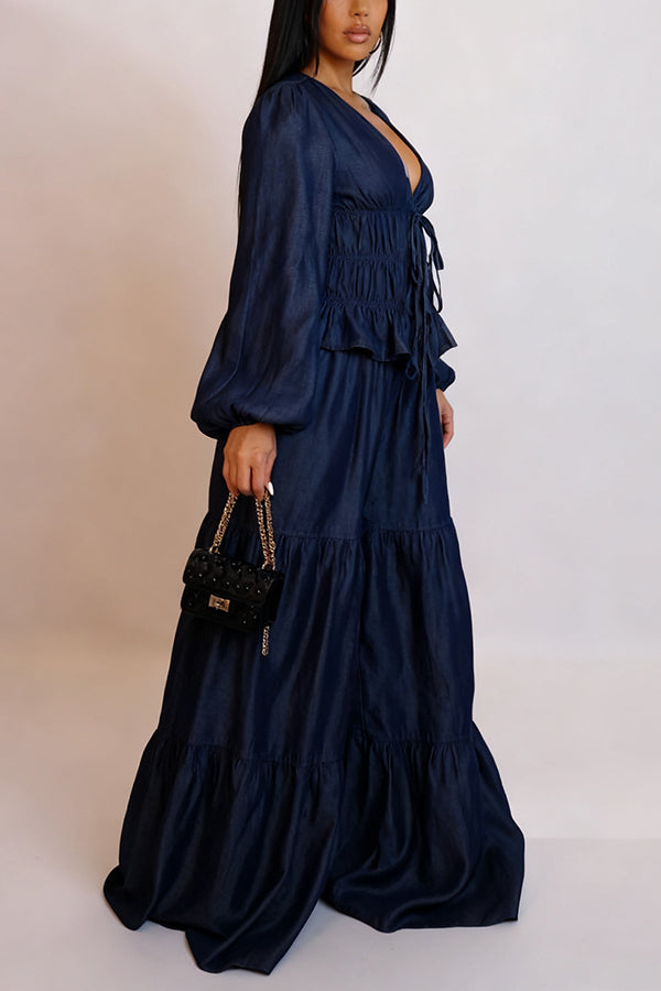 Stylish Faux Denim Tied Ruffled Wide Leg Jumpsuit