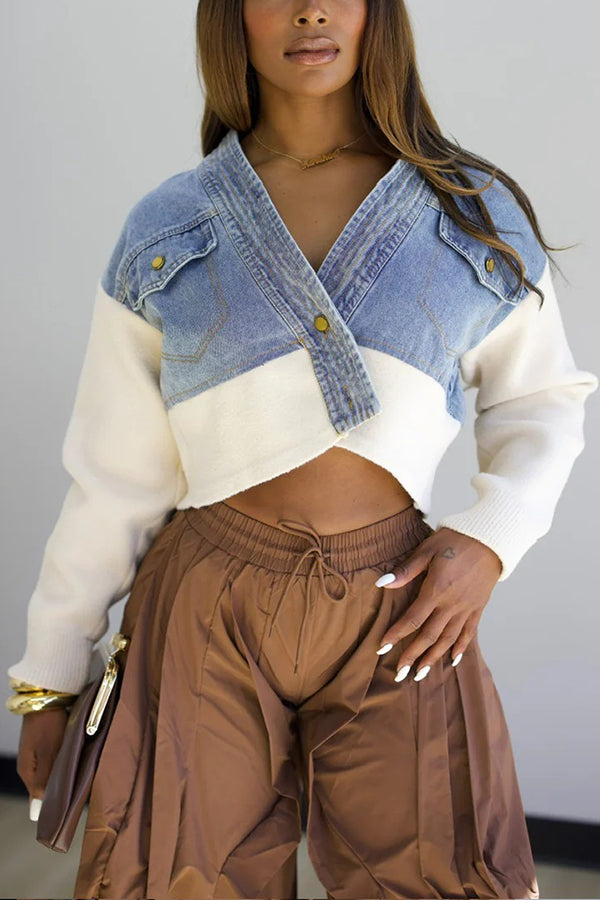 Stylish Denim Splicing Crop Jacket