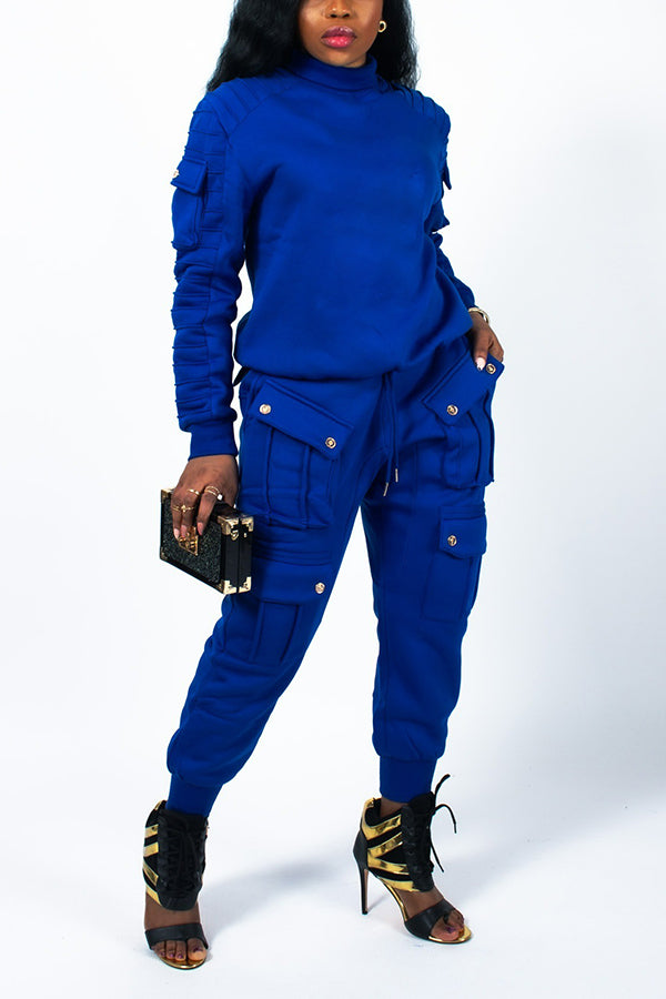 Chic Flap Pocket Sweatshirt & Pants Set