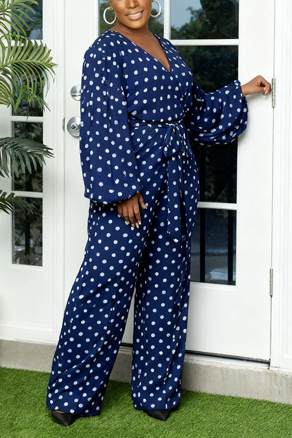 Stylish Polka Dot Lace-Up Jumpsuit