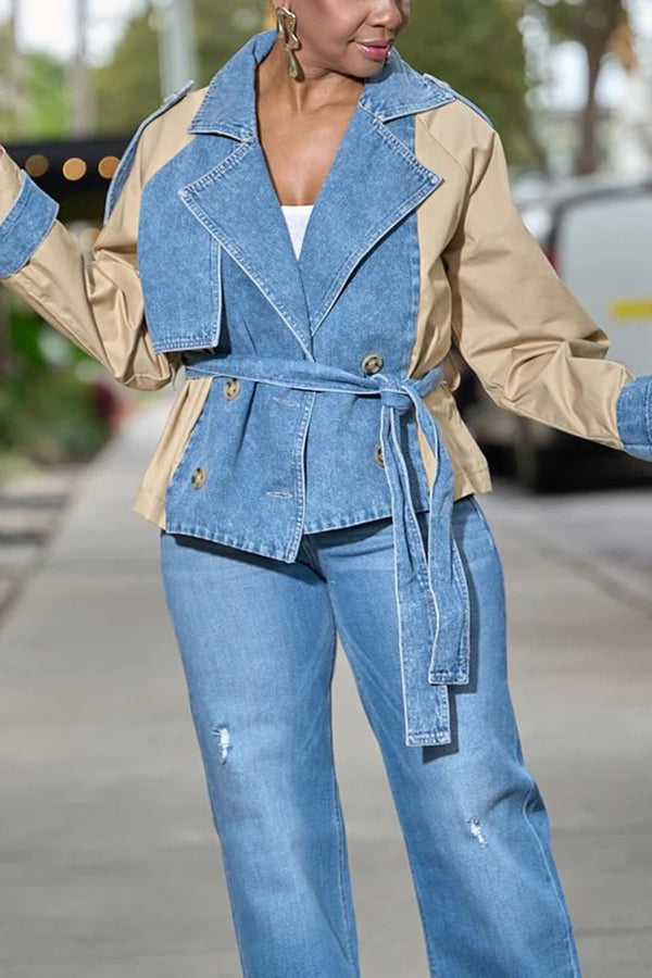 Stylish Denim Contrast Crop Trench Jacket