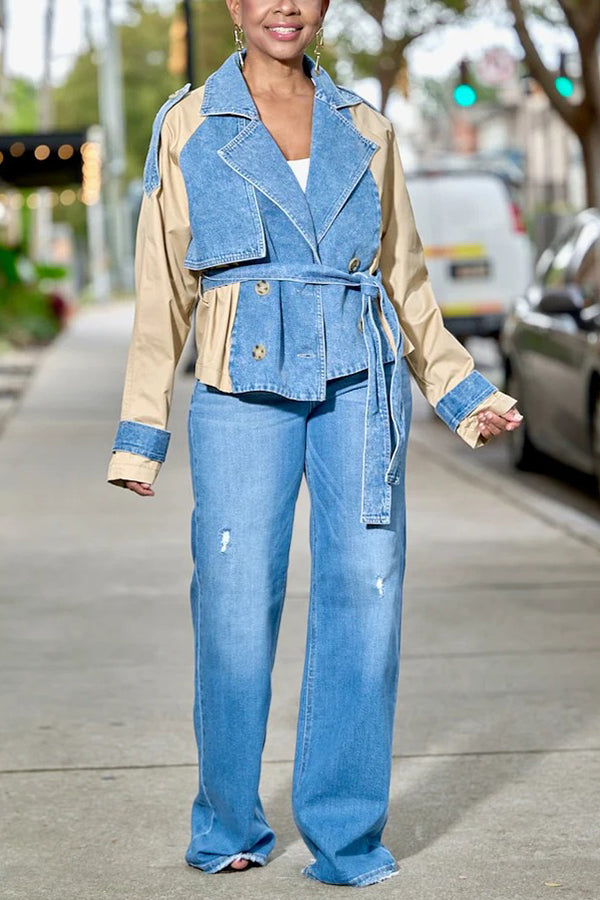 Stylish Denim Contrast Crop Trench Jacket