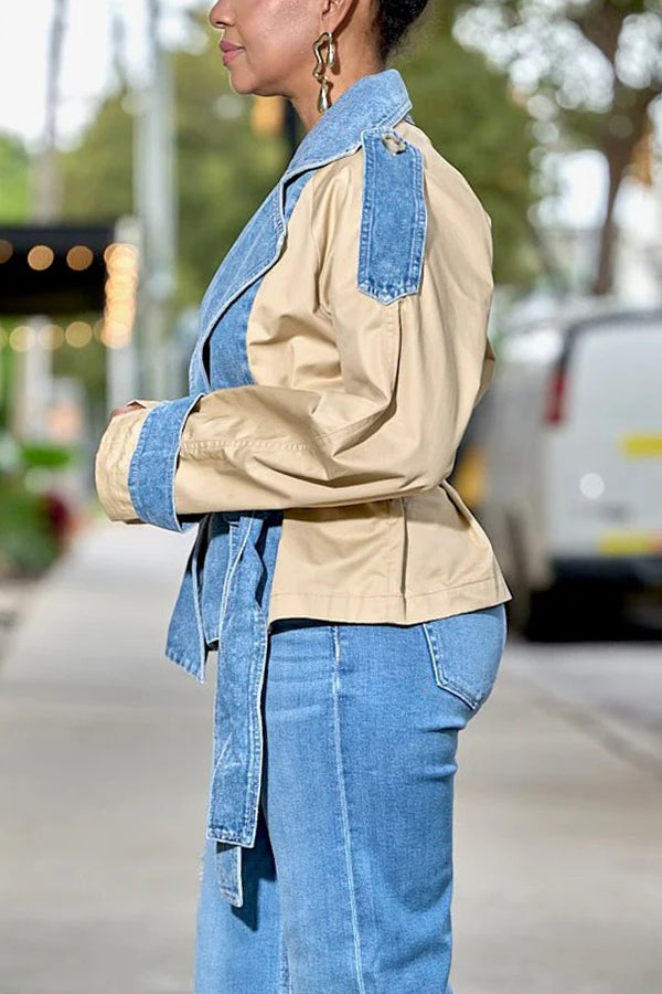 Stylish Denim Contrast Crop Trench Jacket