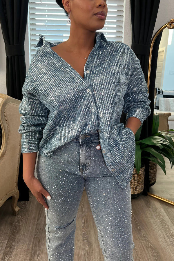 Stylish Button Closure Denim Sequin Top
